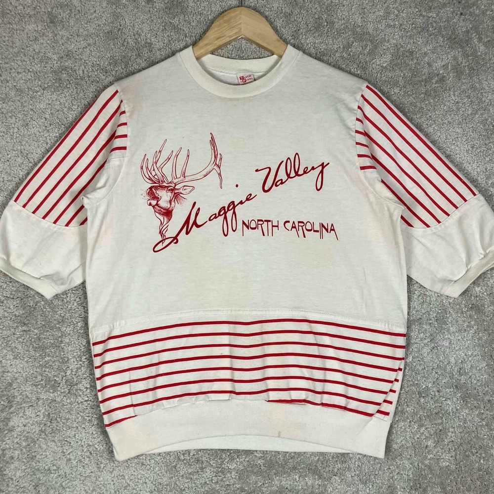 Vintage 80s Maggie Valley NC Elk Sweatshirt White Red Striped Textile Prints M